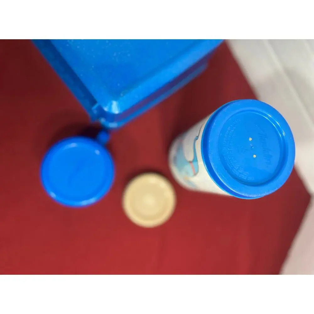 Vint 1993 Disney Aladdin Plastic Lunchbox with Matching Thermos Set Glitter Blue
